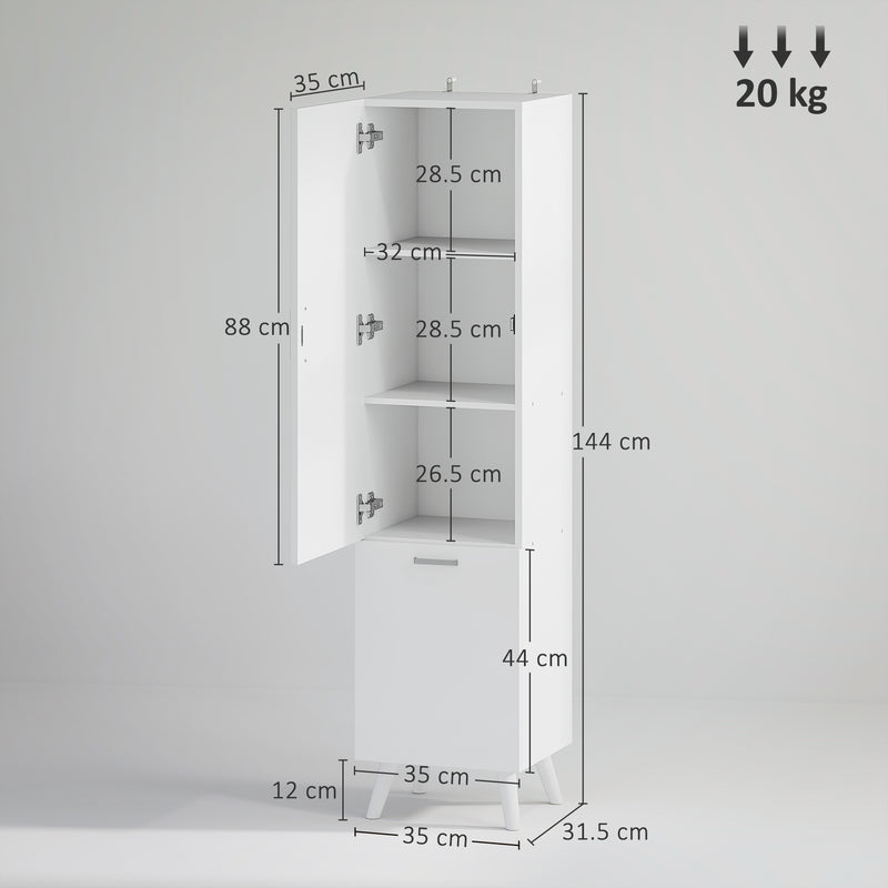 Mobile da Bagno a Colonna 35x31,5x144 cm con 2 Ante e Ripiani in Legno Bianco  