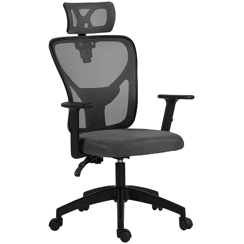 Sedia da Ufficio Ergonomica e Regolabile 66x61x106-116 cm con Supporto Lombare e Poggiatesta in Tessuro a Rete Grigio      