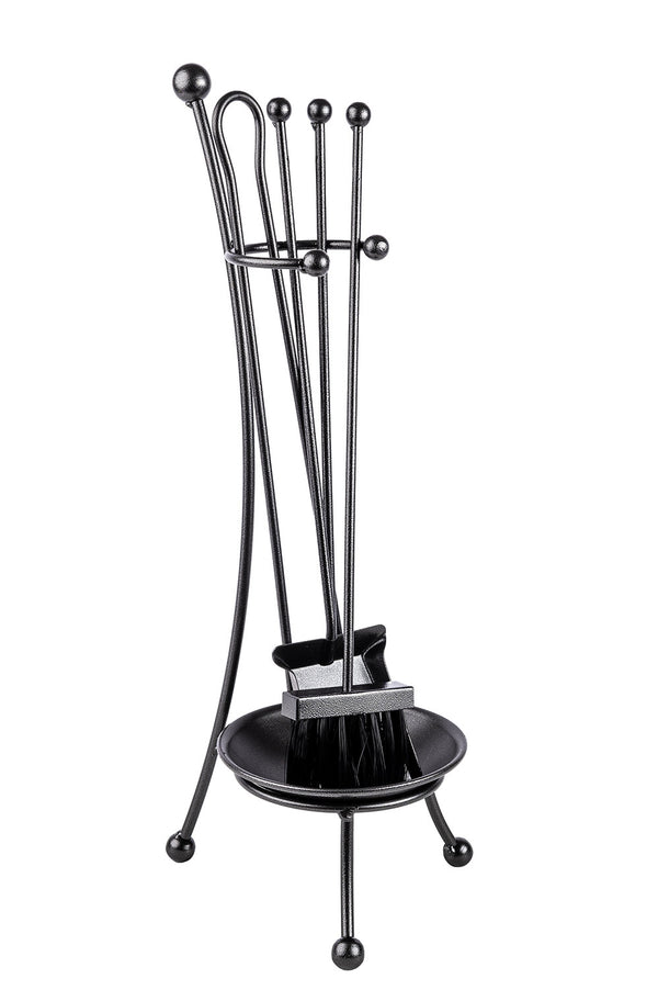 sconto Trespolo per Attrezzi Camino a Bacinella con Paletta Scopino Attizzino e Pinza 22x22x65 cm in Ferro Verniciato Grigio Martellato