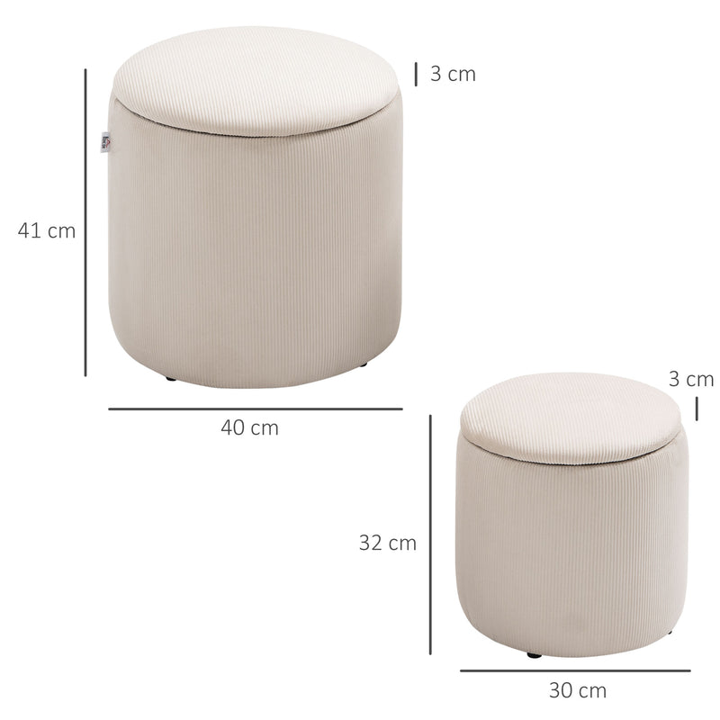 Set di 2 Pouf Contenitore Salvaspazio Rotondi e Imbottiti in Velluto a Coste Bianco      