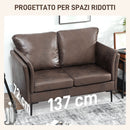 Divano 2 Posti Design Minimal 137x72x88 cm con Imbottitura Spessa in Poliestere Effetto Pelle Marrone Scuro  