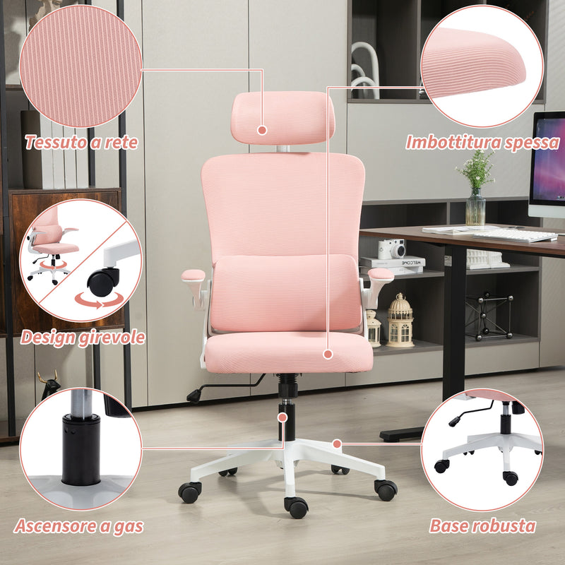 Sedia Ergonomica da Ufficio Girevole 60x59x114-122 cm con Poggiatesta Rimovibile in Tessuto a Rete Rosa  
