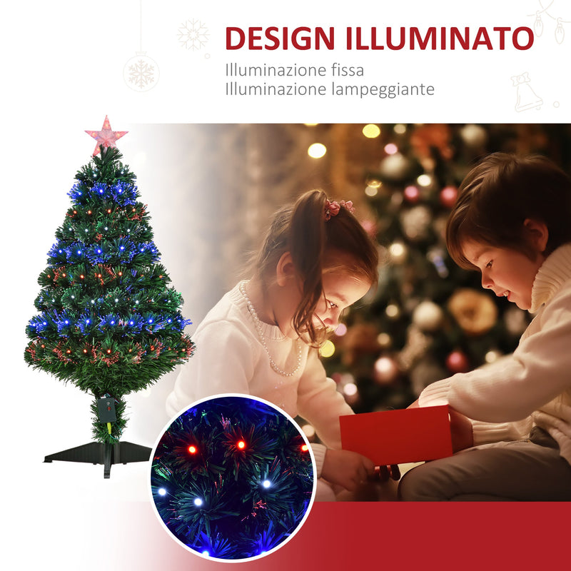 Albero di Natale Artificiale 90 cm 90 Rami con Luci LED e Fibre Ottiche Colorate Verde