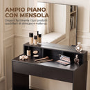 Tavolo da Trucco con Specchio 75x38x135 cm con 3 Ripiani 2 Cassetti e Sgabello in Legno e Vetro Nero      