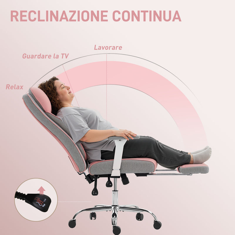 Sedia da Ufficio Ergonomica Rinforzata con Braccioli Regolabili Poggiapiedi e Poggiatesta in PU Rosa      