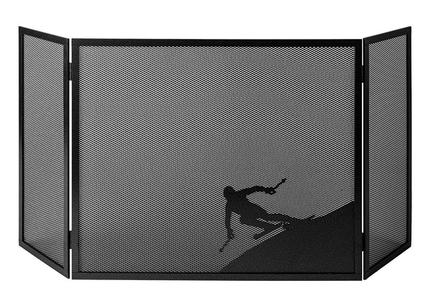 Parascintille per Camino a 3 Ante Design Sciatore 20+60+20x50 cm in Ferro Verniciato Grigio Martellato sconto