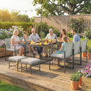 Set 11 Pezzi da Pranzo da Esterno con Tavolo 6 Poltrone e 4 Pouf in Rattan PE Vetro e Acciaio Grigio      