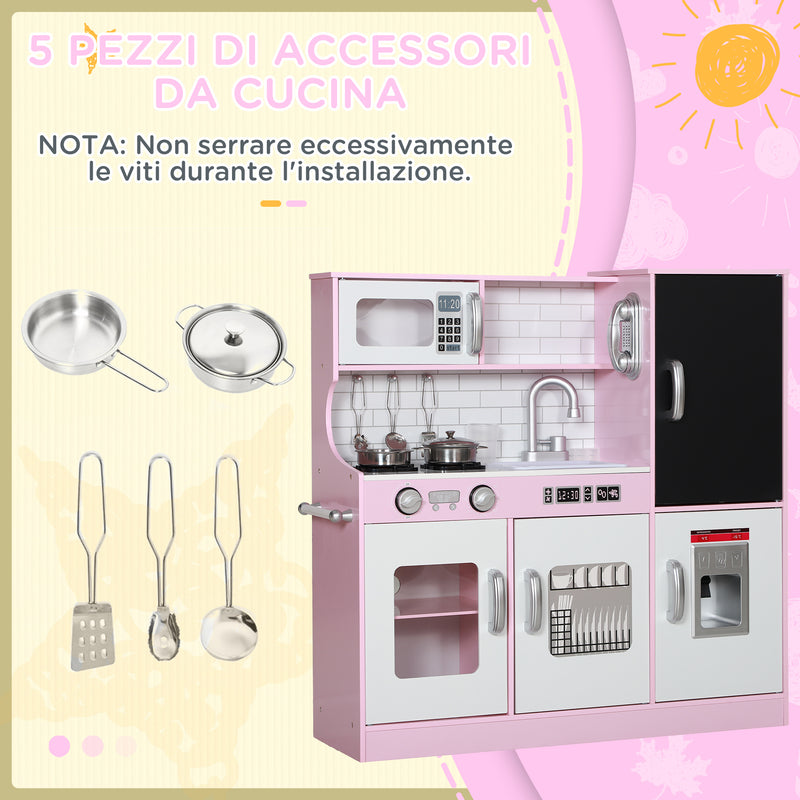 Cucina Giocattolo per Bambini 3-8 Anni con Fornelli Microonde Lavandino in Legno Rosa      