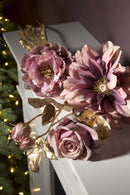 Set 6 Ramo di Rosa con 3 Rose e Foglie Dorate.H48 cm 