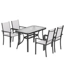 Set 5 Pezzi da Giardino con 4 Sedie Impilabili e Tavolo in Vetro Temperato con Foro per Ombrellone in Texteline Grigio Chiaro      