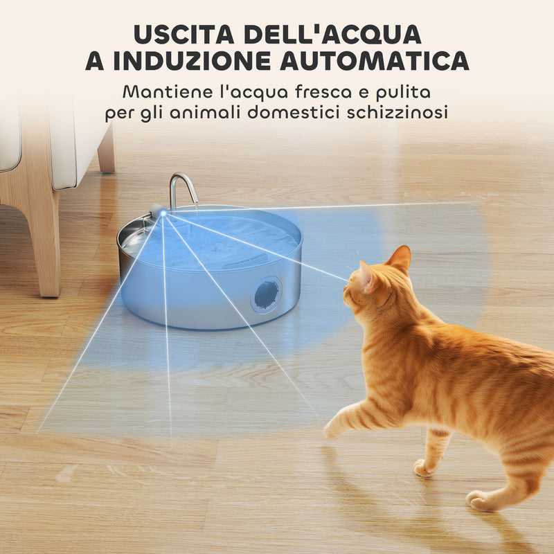 Fontanella per Gatti 30,5x31,2x19,3 cm Capacità 7L con Luce LED e Tripla Filtrazione in Acciaio Inox 304 Argento 