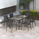Set Tavolo e 6 Sedie Impilabili da Giardino in Tessuto a Rete e Tavolo Effetto Legno Grigio