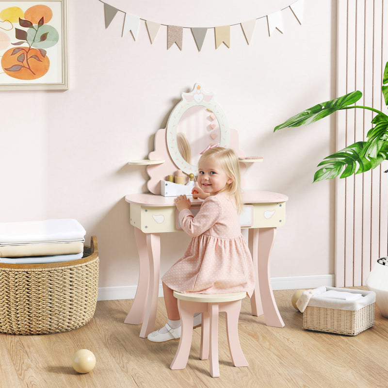 Set Toeletta per Bambine con Specchio e Sgabello con 7 Accessori in Legno Rosa      