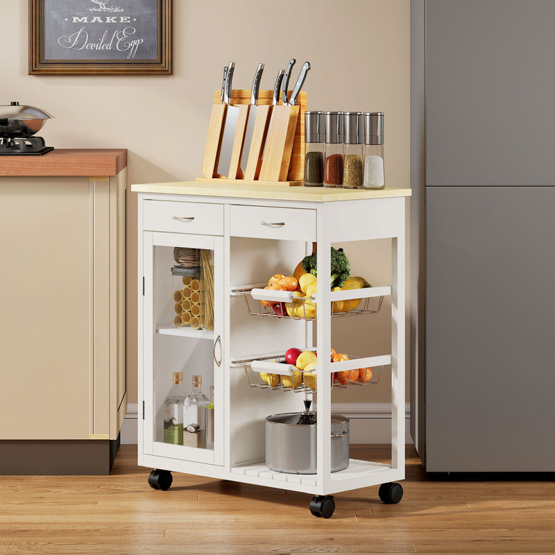 Carrello da Cucina 67x35x80 cm con 2 Cassetti Armadietto Ripiano e 2 Cestini in Acciaio e Bambù Bianco      