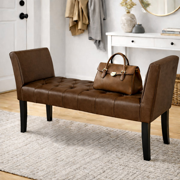 online Panca Fondoletto Ingresso 111x40x60 cm con Piedi in Legno e Rivestimento Ecopelle Marrone