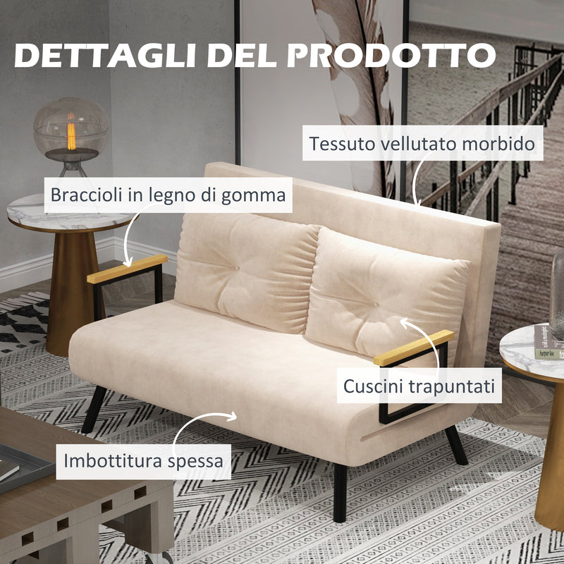 Divano Letto 3 in 1 con Schienale Regolabile e 2 Cuscini 102x73x81 cm in Tessuto Effetto Velluto Beige      