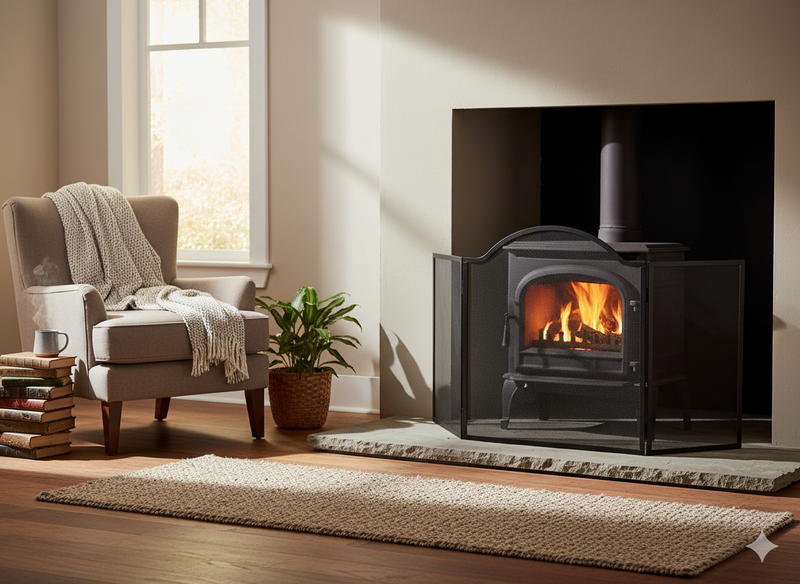 Parascintille per Stufa a 3 Ante 32+66+32x80 cm in Ferro Verniciato Grigio Martellato