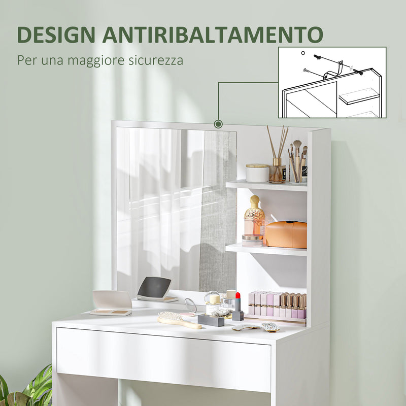 Consolle Trucco con Specchio 75x40x137 cm Ripiani e Cassetto in Legno e Vetro Bianco  