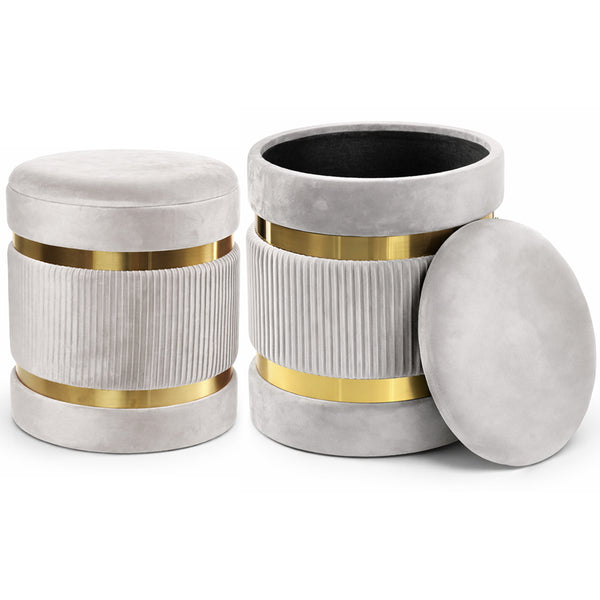 Set 2 Pouf Contenitore Ø 38x44 cm e Ø 31x38 cm con Rivestimento Velluto Avorio sconto