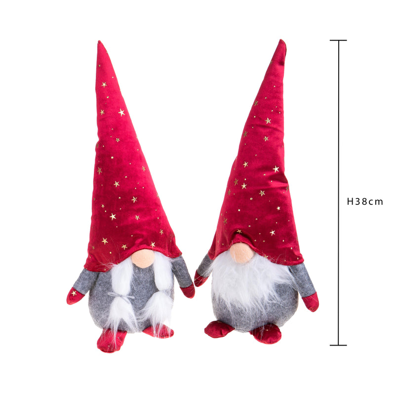 Set di 2 Elfi con Stelline H38 cm in Tessuto Rosso/Grigio