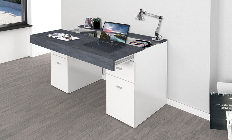 Scrivania 2 Ante 2 Cassetti 130x60x75 cm Sliding Bianco Lucido e Ardesia