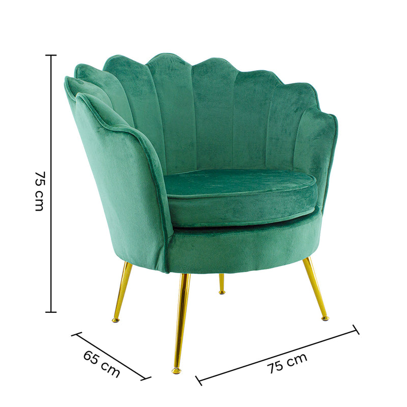 Poltrona Imbottita Schienale a Conchiglia in Velluto Piedi Oro Verde