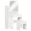 Toeletta da Trucco con Specchio Tavolocon Sgabello 4 Cassetti e 4 Ripiani in Legno e Vetro Bianco      