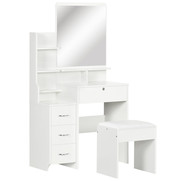 prezzo Toeletta da Trucco con Specchio Tavolocon Sgabello 4 Cassetti e 4 Ripiani in Legno e Vetro Bianco