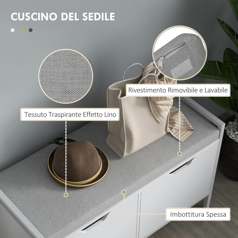 Panca Scarpiera 2 Armadietti con Cuscino 84x35x50 cm in Tessuto Effetto Lino e Legno Bianco 