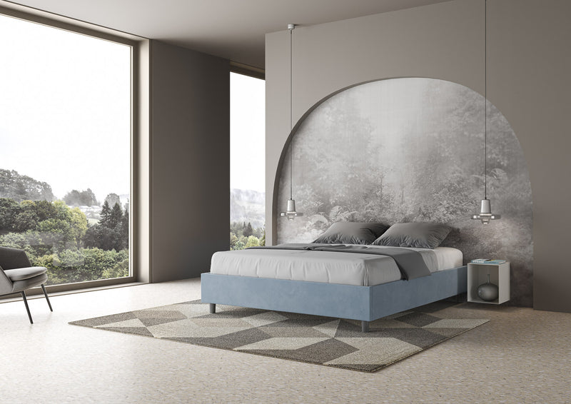 Letto Matrimoniale Giroletto con Alzata Comoda Imbottito in Microfibra Azelia Azzurro Varie Misure