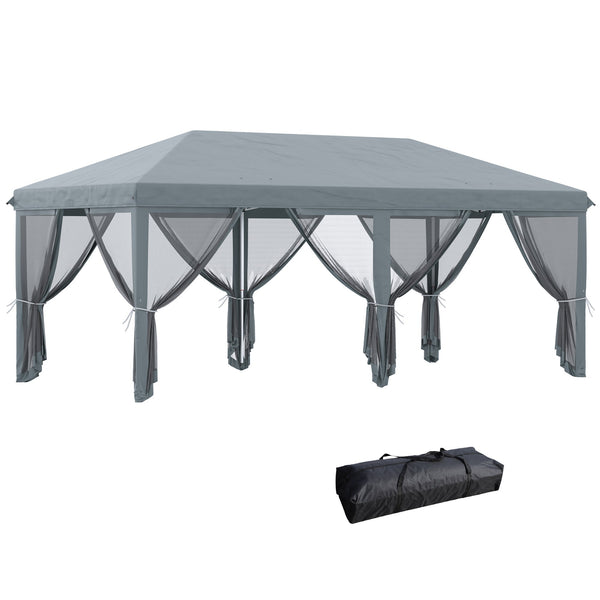 acquista Gazebo da Giardino 600x300 cm Pieghevole con 6 Zanzariere e Pulsante in Acciaio e Poliestere Grigio