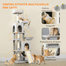 Albero Tiragraffi per Gatti 48x40x177 cm con 2 Casette 2 Lettini Trespolo e 2 Palline Grigio Chiaro e Beige      