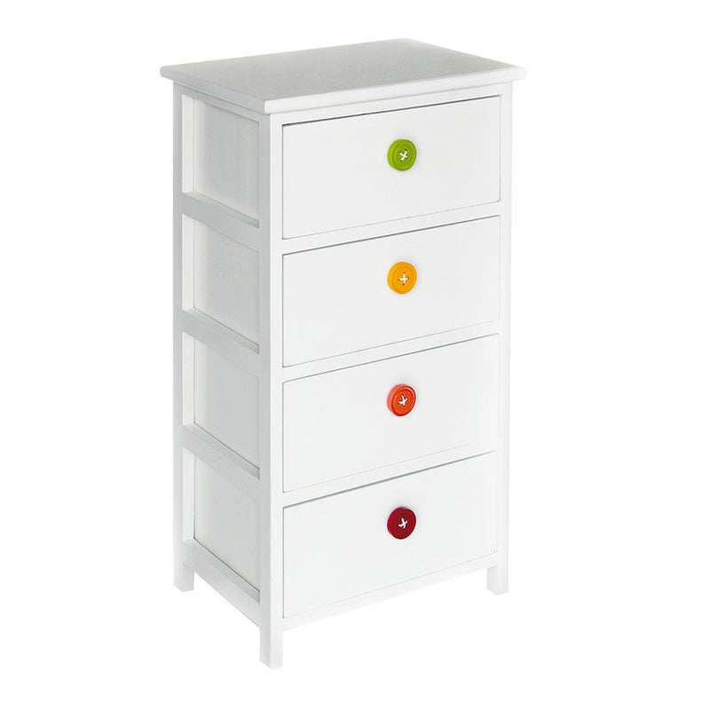 Cassetiera con 4 Cassetti in Legno Paulownia Bianco con Bottoni Colorati Fadi