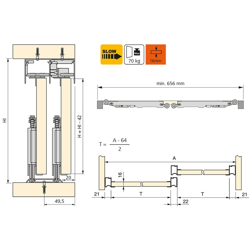 Sistema a Scorrimento Inferiore per Armadio 2 Ante 16 mm con Chiusura Soft Emuca