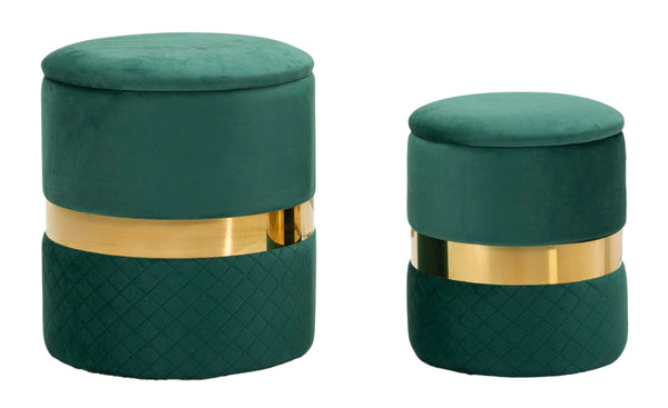 sconto Puff con Contenitore Sheffild Verde Set 2 Pz Ø37x42 cm - Ø28x35 cm in Ferro e MDF e Spugna e Poliestere Verde e Oro