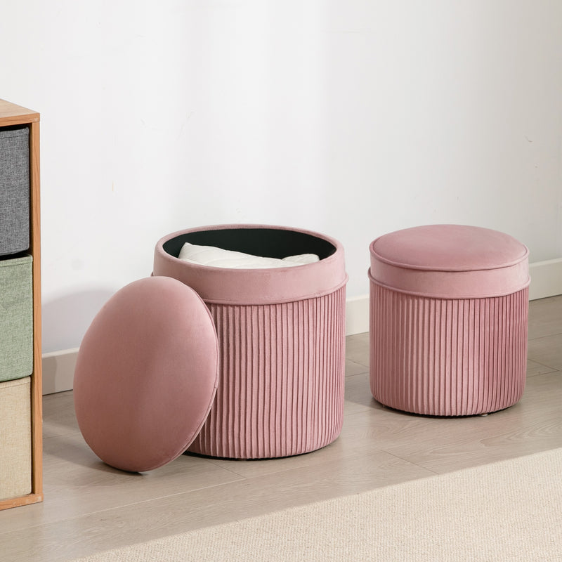 Set 2 Pouf Poggiapiedi Rotondi Impilabili Contenitore da 34.8L Imbottiti con Rivestimento in Velluto Rosa      