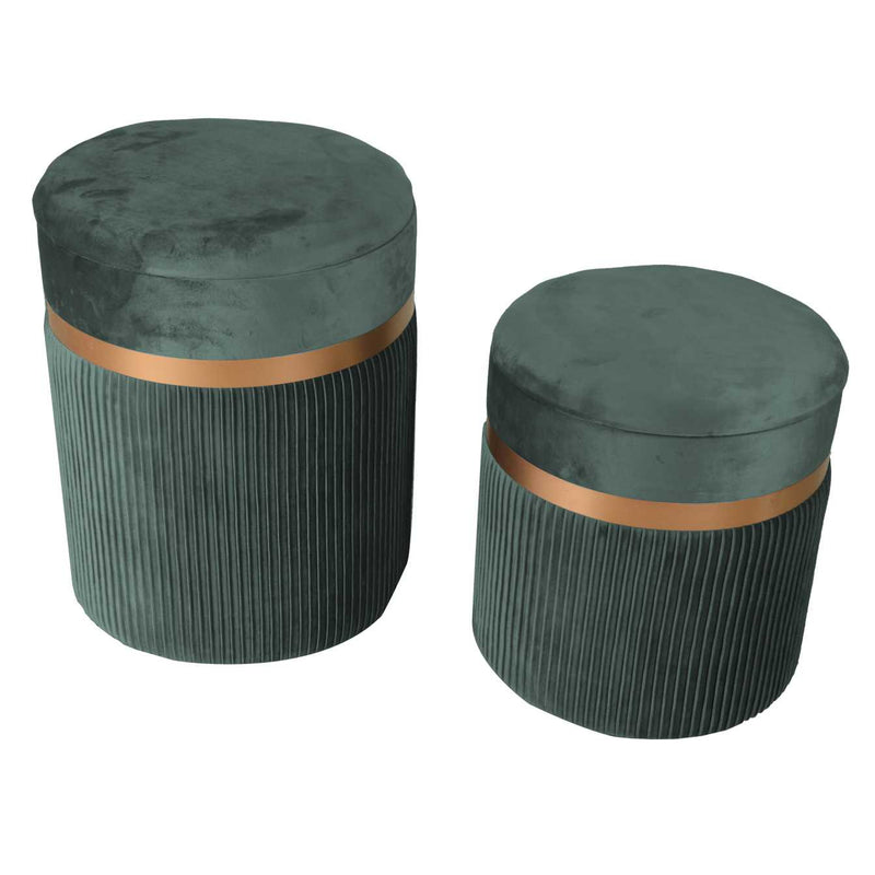Set 2 Pouf Contenitore Ø35 cm e Ø39 cm in Tessuto Velluto Verde Salvia