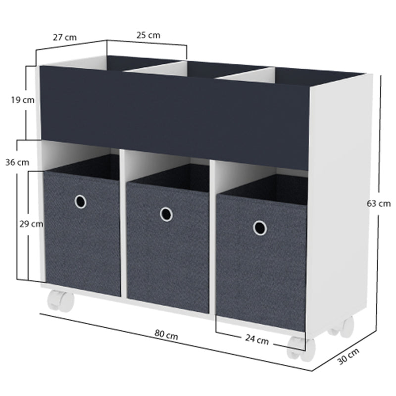 Scaffale Portagiochi per Bambini 3 Ceste in Tessuto e Libreria 80x30x 63 cm in MDF Bianco e Grigio  