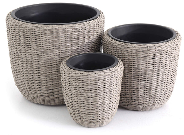 sconto Set 3 Portavasi Tondi in Polyrattan Bauer Beige