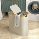 Cesto Portabiancheria 54x34x58,5 cm Capienza 80L a 2 Sezioni con Coperchio in Tessuto non Tessuto e Bambù Beige      