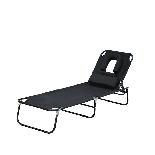 Lettino Sdraio con Apertura per Viso Pieghevole in Tessuto Oxford Nero 190x56x28 cm online