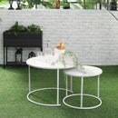 Set 2 Tavolini da Giardino in Metallo Piano Effetto Marmo Bianco