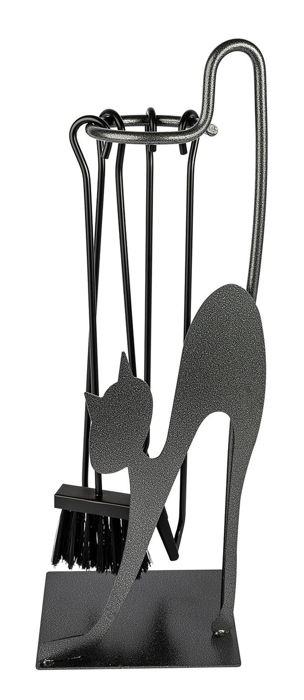 Trespolo per Attrezzi Camino Rettangolare Sagoma Gatto con Paletta Scopino Attizzino e Pinza 28x19x66 cm in Ferro Verniciato acquista