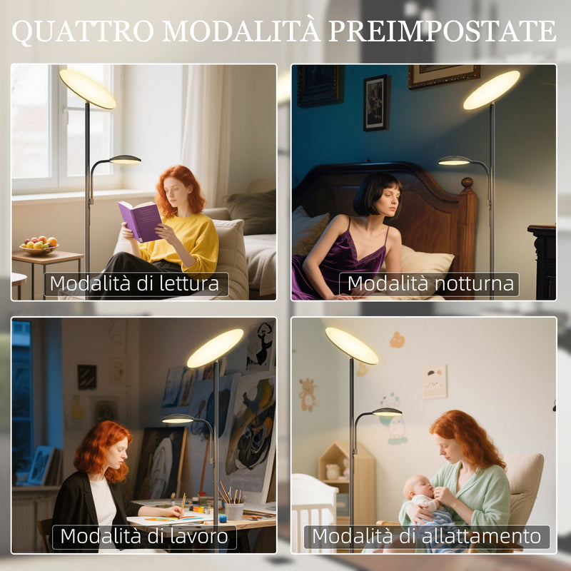 Lampada da Terra con 2 Punti Luce LED Regolabile Temperatura 2700K-6500K con Telecomando in Metallo e PC Nero   