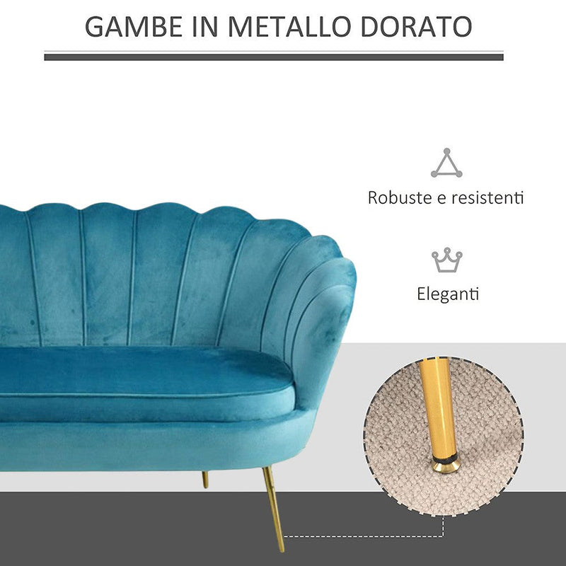 Divano salotto 122x73x78 cm 2 Posti in Velluto Seduta a Conchiglia Lola Blu