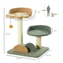 Albero Tiragraffi 43x39x52 cm con 2 Lettini, Pallina e Rivestimento in Velluto Verde Marrone e Beige