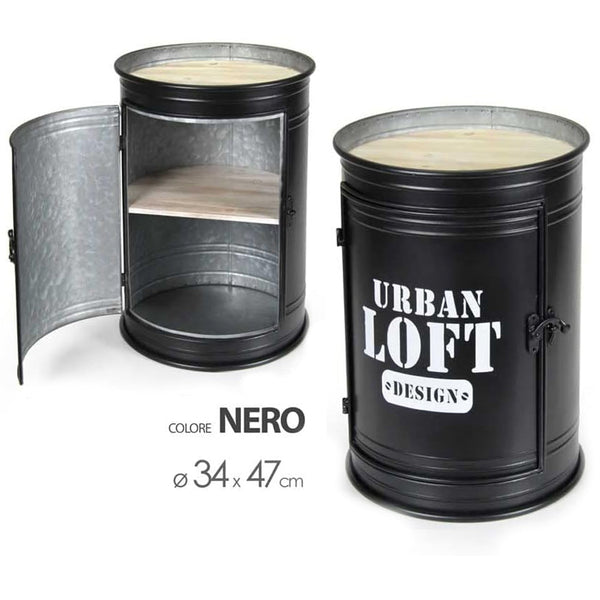 Tavolino Contenitore Bidone Tondo Struttura in Metallo Nero e Ripiani in Legno sconto