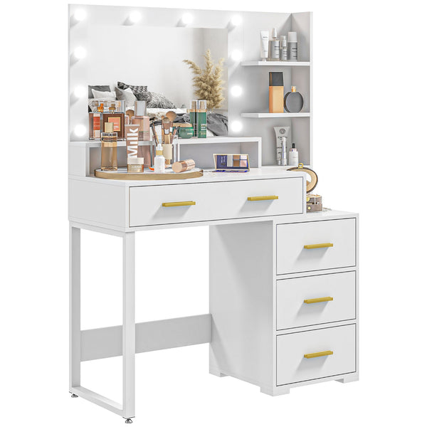 Tavolo da Trucco in Legno 100x40x138 cm con 4 Cassetti 6 Ripiani Aperti e Specchio Bianco prezzo
