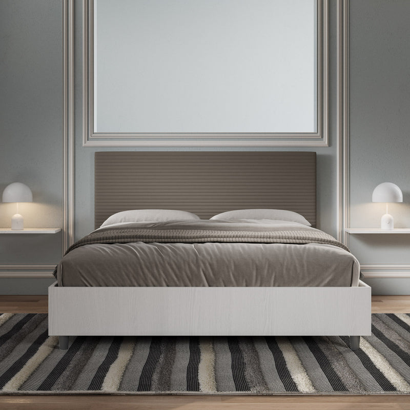 Letto Matrimoniale con Rete e Contenitore Alzata Comoda Struttura Bianco Frassico e Testata in Similpelle Level Cappuccino Varie Misure