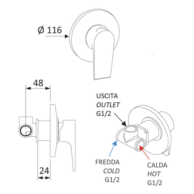 Rubinetto Miscelatore Monocomando Doccia ad Incasso in Ottone Mariani Artic Cromato